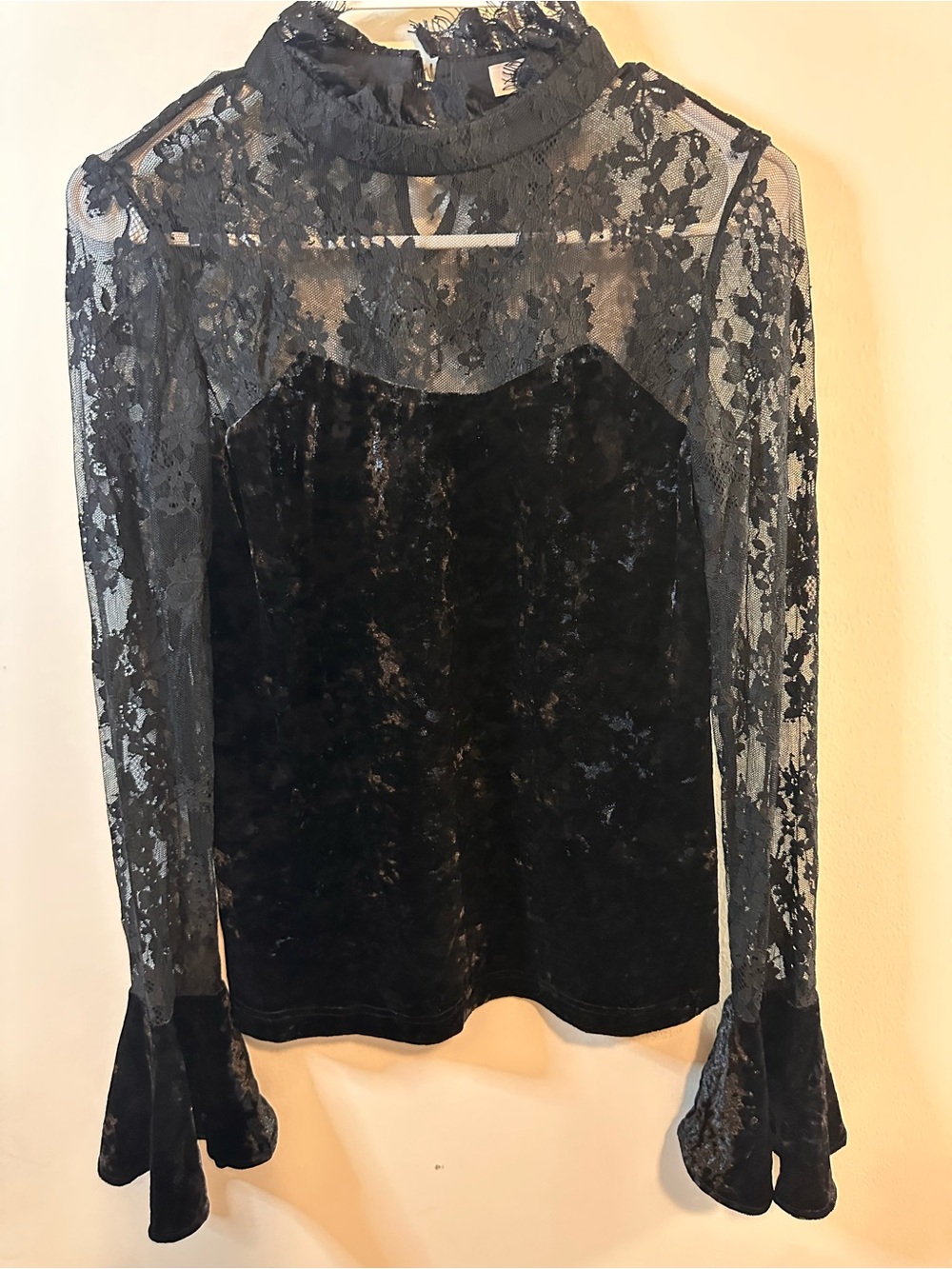 LuLaRoe Black Lace & Velvet Mock Neck Blouse